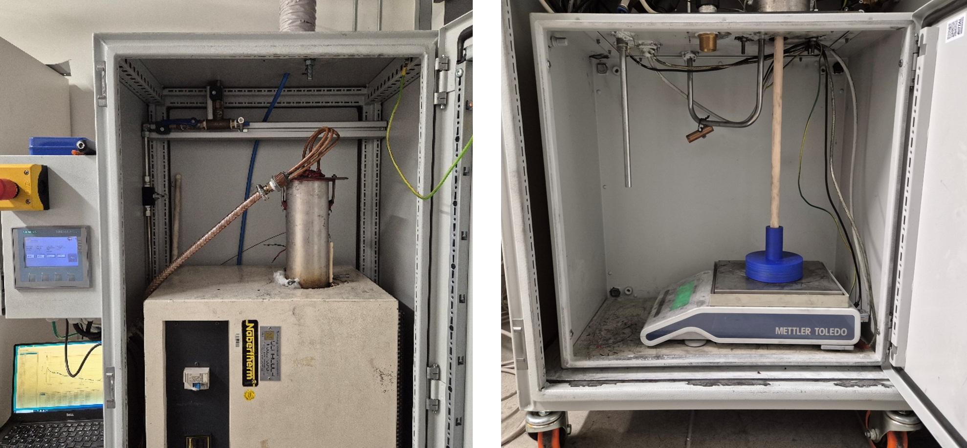 Figure 1: CO-TG test rig, developed by Forschungsgemeinschaft Feuerfest e. V.: the cylindrical reaction chamber with gas inlets on top of the tube furnace (left) and the weighing chamber with the sample holder placed on a precision scale (right)